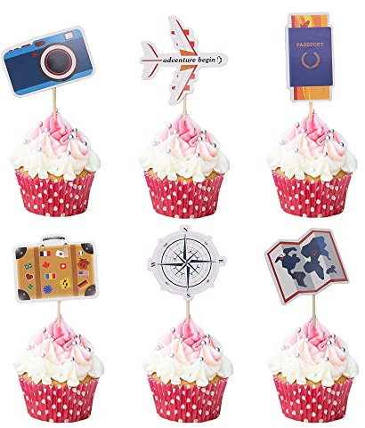 GotGala Cupcake-Topper mit Reisemotiven, Flugzeugkarte, Kamera, Kuchenaufsatz, Picks für die Welt erwartet, Reisethema, Babyparty, Ruhestand, Party, Lieferanten