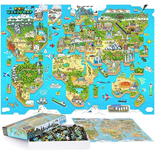 World Map 1000 Piece Jigsaw Puzzles For Adults and Kids Retro Gaming Style 8-bit World Map Jigsaw Puzzle Geography Gifts 100% Recycled Cardboard Jigsaws 1000 Pieces for Adults and Children by bopster