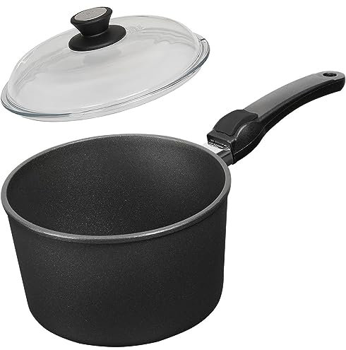 SKK große Stielkasserolle Ø 20 cm - ohne Induktion - hoher runder beschichteter Saucentopf 2-tlg. Stiel abnehmbar & Vollglas Deckel - Made in Germany