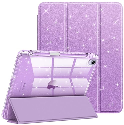 Fintie slimmat fodral för iPad Air 11 tum M3 (2025)/M2 (2024), iPad Air 5th (2022)/4:e generationen (2020) 10,9 tum – [inbyggd pennhållare] glittrande skydd med glänsande klart skal på baksidan, lila | Glittrande fodral, genomskinligt glansigt stötsäkert fodral med pennhållare, lila