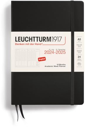 LEUCHTTURM1917 370724 Agenda académica semanal 2025, tamaño mediano A5, tapa dura, calendario de 18 meses, a rayas, negro, inglés