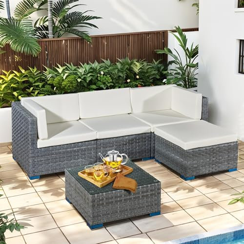 Aweather 5-Piece Rattan Garden Corner Sofa Set Patio Furnitur Set with Coffee Table (Grey/Cream)