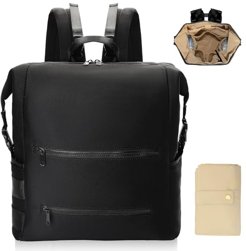 Omanmoli Diaper Bag Backpack,Large Neoprene Baby Bag for Boys Girls with 15 Diaper Bag Organizer,2 Insulated Pockets,Changing Pad,Stroller Straps,Black
