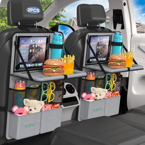 Plzpik Organiseur de voiture, 2 grandes protections de dossier, organiseur de siège de voiture pour enfants avec table pliante, 12 poches, protection imperméable pour siège arrière, organisateur