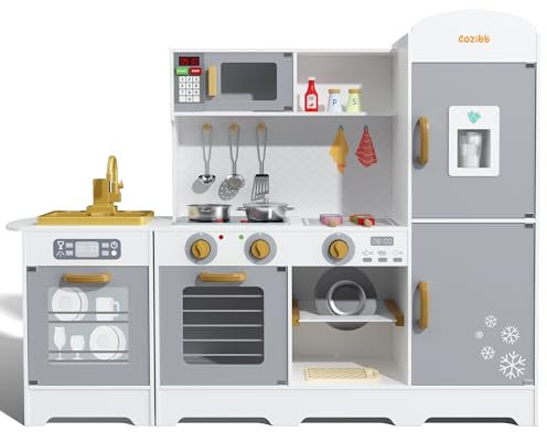 CoziBB Kinderküche, Küchenspielzeug, XXL Spielküche Holz Mit Wasserhahn, Kühlschrank, Mikrowelle, Backofen, Eismaschine, Geschirrspüler Und Grill, Für Kinder Ab 3 Jahren