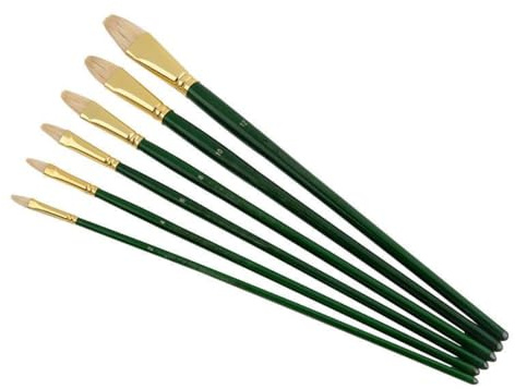 Juego de 6 pinceles de pintura al óleo con cerdas de cerdo verdes largas de madera de abedul en forma de avellana, pelo duro, acrílico ácido, suministros de arte
