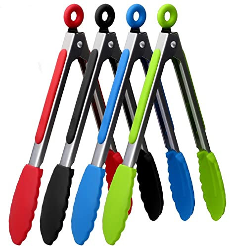 ZHIYE 9” Kitchen Tongs, 4 Pcs Stainless Steel Tongs with Silicone Tips and Locking Clip, Non-Slip for Food, Cooking, BBQ, Serving, Salad, Ice, Heat Resistant Food Grade