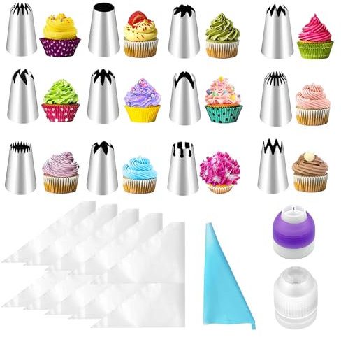 LdawyDE Beccucci sac a Poche Professionale Set, 1 Saccapoche Riutilizzabile 12 Diversi Ugelli in Acciaio Inossidabile, 2 Adattatori 10 sac a Poche USA e Getta per Glassa per Decorare Torte