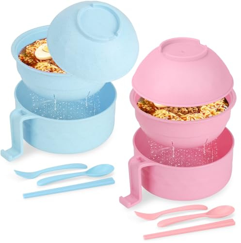 UUGLAM Ramen Bowl Set of 2, Ramen Cooker 33 oz, Ramen Bowls with Chopsticks and Spoon, Microwave Pasta Cooker, Ramen Bowl Microwave Gift College Dorm Essentials for Girls Guys (Blue&Pink)