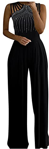 YIzdegg elegant jumpsuit dam för bröllop lekdräkter långa vida ben byxor hög midja elegant onepiece party breda ben byxkostym bodysuit hängselbyxor med fickor, svart, M