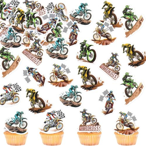 Blumomon 40Pcs Edible Motorcycle Cupcake Toppers Motocross Cake Decoration Happy Birthday Picks for Motocross Sports Theme Baby Shower Boys Birthday Party Cake Supplies