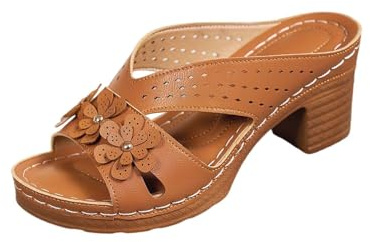 Mules Sandals for Women Block Chunky Heel Slides UK Size 6 Ladies Summer Slip on Flower Strap Open Toe Heeled Comfy Block Heel Sandals Memory Foam Insole Brown Footwear Gifts