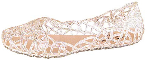 Damballerinaskor ihåliga på transparenta platta kristallgeléskor glittrande slip-on promenadskor, lätta sommarskor med nät vamp, mjuk plastsko, Guld, 39 EU