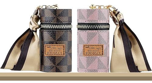 Bnwuam 2 Pack Lipstick Case Keychain – Portable Mini Lip Balm Holder Pouch with Key Ring, Small Lipstick Bag Keychain for Purse, Girls, Women – Pink & Brown