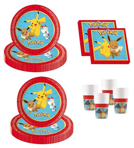 Procos - Decorazioni di compleanno Pokemon, 52 pezzi, piatti, bicchieri e tovaglioli di carta per feste di compleanno per bambini, articoli da tavola per feste