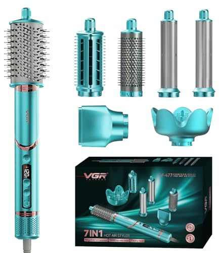 VGR 477 Appareil Multifonction 7 en 1 à Air Chaud avec LED, Moteur BLDC 110000 tr/min, 4 Températures, 3 Vitesses, Technologie Ionique, Cordon 360°, Sèche-Cheveux et Fer à Boucler 1200–1400 W, Vert
