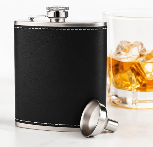 8 oz Stainless Steel Hip Flask with Funnel for Men and Women, Leak-Proof Pocket Whisky Flask with Black Textured Finish, Portable Alcohol Bottle for Camping, Festivals, Hiking, Travel and Gifting