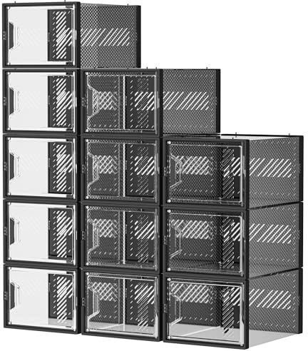 SIMPDIY XL Cajas para Zapatos, 12 Organizador Zapatos Transparentes Apilables con Puertas de Imán y Palillos Aromáticos, Zapatero Plastico hasta Talla EU 46, Negro