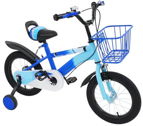 Mqwdxzfes 14 tums uppgraderad barncykel, justerbar höjd, nybörjare, barncykel med stödhjul och korg, flickcykel, pojkcykel, balancecykel för flickor och pojkar 3–6 år (blå)