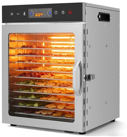 12-Tray Food Dehydrator, Stainless Steel 800W 360° Heating Electric Dryer Machine with Digital Timer & Touch Screen for Fruit, Meat, Vegetables, Biltong Maker, UK Home Use, Dishwasher-Safe Trays