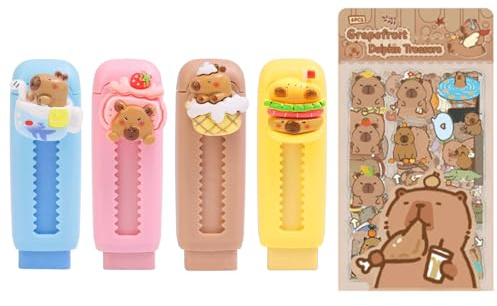 LEMONSTONE radergummi skrivmaterialset, 4 stycken infällbara suddgummi och 6 ark klistermärken, Capybara skolsaker, söta suddgummin, raderbara små raserset för barn, skolsaker kontor