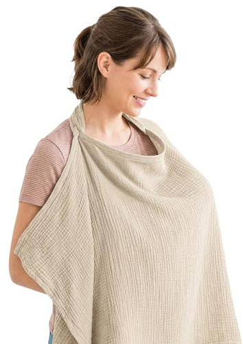 GAZIL Tablier d'Allaitement en Mousseline, Écharpe d'Allaitement avec Encolure Rigide Ajustable, Couverture d'Allaitement Légère et Respirante, Kaki