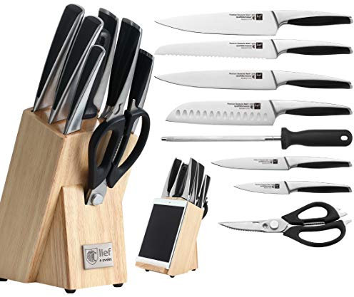 lief + svein German Steel Knife Block Set – 9-Piece Kitchen Knife Set with Wooden Block with Tablet Holder, Premium Stainless Steel Knives, Ultra-Sharp, Ergonomic and Sustainable
