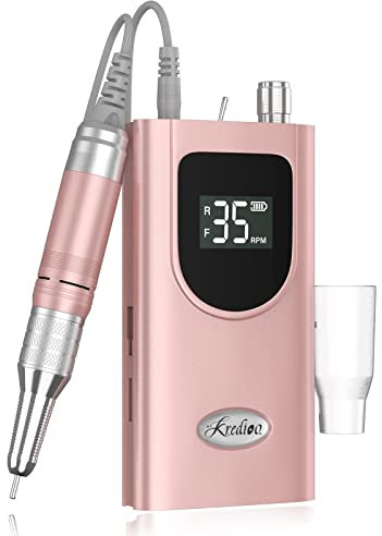 Kredioo Fresa per Unghie Professionale 35000RPM Ricaricabile, Fresa Unghie Portatile, Lima Elettrica, Manicure e Pedicure, Trapanino, Trapano Elettrico per Rimozione Gel e Smalto, Kit 6 Punte, Rosa