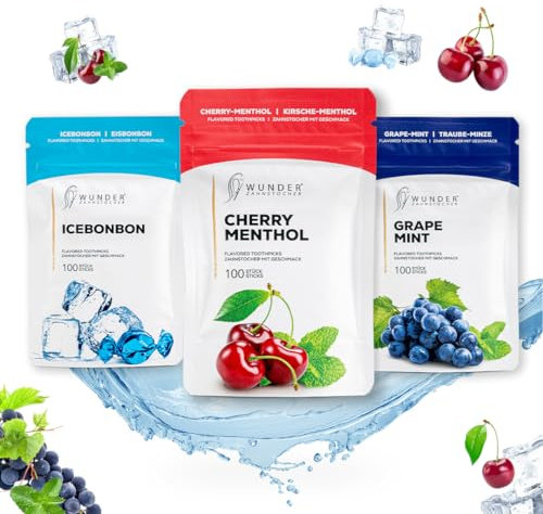 Wunder Zahnstocher mit Geschmack - 3er Pack - Fresh Breath - 100 Stück pro Sorte - in Nachfüllbeuteln - frischer Atem - gegen Nägelkauen - Rauchentwöhnung - Kaugummi-Alternative - zuckerfrei, vegan