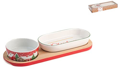 H&H Natale Set Antipastiera 2 Coppe Porcellana, Base Bambù, 26X9cm