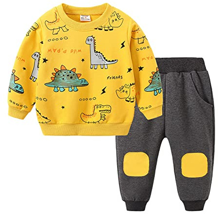 FedMois Conjunto Deportivo Algodón de 2 Piezas para Bebé Niño Sudadera sin Capucha y Pantalones Largos, dinosauri amarillo, 1-2 años