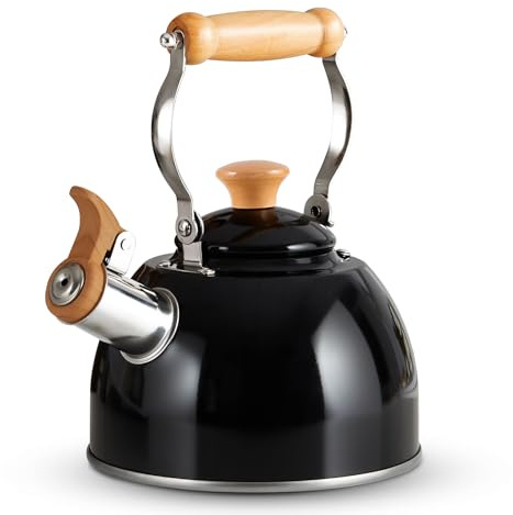 ROCKURWOK Whistling tekanna 1,6 QT / 5 uns, svart tekanna, universell bas för induktion | gas | elektrisk | halogen | strålning, trähandtag, vintage