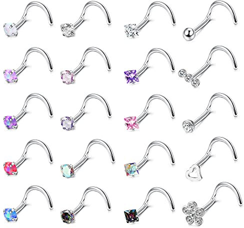 Adramata 20 Stück 20G Nasenstecker Chirurgischer Edelstahl Nasenpiercing Stecker Set Diamant Opal CZ Nasenpiercing Schmuck für Damen Herren Schraube/Gerade/L-förmige Nasenstecker Mehrfarbig,S