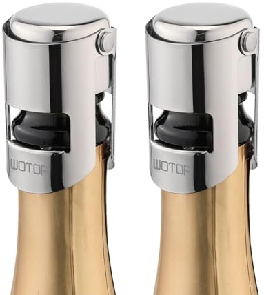 WOTOR Champagne Stoppers Stainless Steel, Prosecco Bottle Stopper with Food Grade Silicone, Reusable Champagne Cork & Saver, Leak proof Keep Fresh (Silver, 2 Pack)