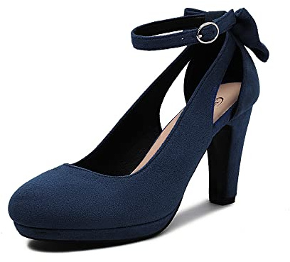 elerhythm Mary Jane pour femmes avec nœud papillon rétro - Bout rond fermé - Chaussures vintage Gatsby en daim avec bride à la cheville, bleu marine, 41 EU