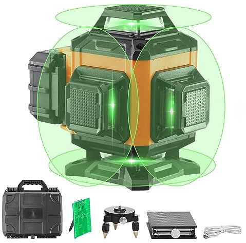VEVOR Nivel Láser 360° x 4 16 Líneas Cruzadas Verdes 30 m Modo Autonivelante Manual Longitud de Onda 520 nm ± 10 nm Precisión 0,28 cm a 10 m Trabajo Continuo 5 h Con Batería