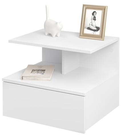 WOLTU Mesita de Noche Flotante, Mesilla de Pared con Cajón, Mesita Auxiliar de Dormitorio, Estante de Pared, 40x35x31cm, Blanco, Blanco, NTS03ws