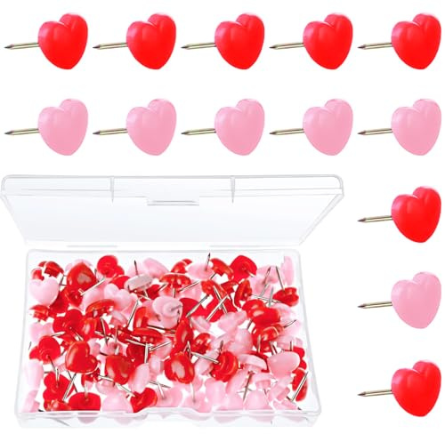 100pcs Cute Push Pins Decorative Pink Pins Drawing Pins,0.47inch Cute Decorative Thumb Tacks Heart Shaped Thumb Push Pins for Home School Office,Photos Wall Notice Board Cork Board(Red&Pink)