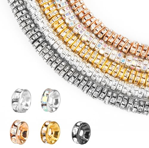 500 stycken glittrande pärlor för armband, gör-det-själv-pärlor för tråd, strass-sten, pysselpärlor för att trä upp, runda mellanpärlor för armband och halsband (guld, silver, roséguld, gunmetall, AB)