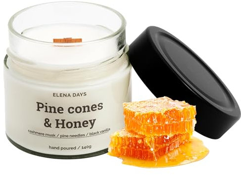 Duftkerze Tannenzapfen und Honig, Weihnachten, Christmas, Sojawachs, Kerze mit Holzdocht, Handgefertigte Kerze 140 gramm, Brenndauer 45 Stunden, deutsche Marke, Elena Days