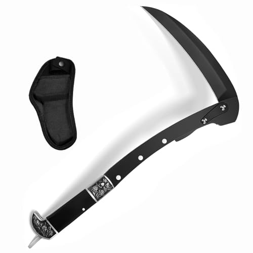 Folding Sickle, Two Section Foldable Scythe with Wooden Handle, Sheath, 2 Sections Foldable Sickle Knife, Weeder, Manual Garden Tool for Weeding Farming