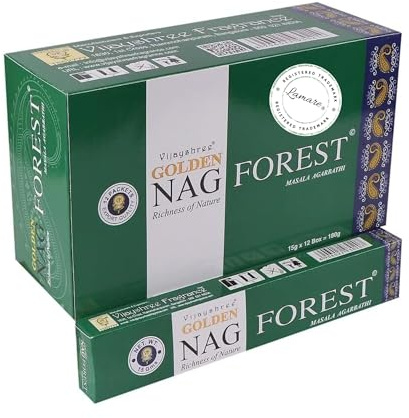 Vijayshree Golden Nag Forest - 12 Paquetes de 15 g = 180 g - Aromaterapia - Meditación - Espiritualidad - 100% Natural EcoFriendly
