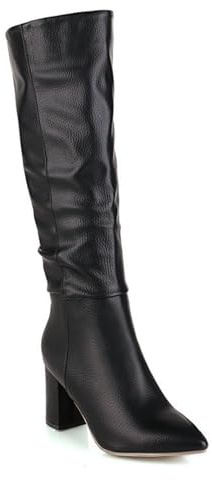 HQINGAXU Donna Stivali Punta Affusolata Ginocchio Tacco Alto Lunghi Combattimento Polpacci Larghi in Pelle Nera Stivaletti Cavallerizzo Pull-On Invernali Blocco Grosso Cavaliere,Nero,34 EU