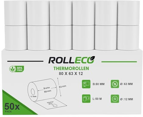 50x Thermorollen 55gsm 80 x 50m x 12mm Bonrollen/Kassenrollen Bpa frei für alle gängigen Thermo Kassen-Bondrucker B: 80mm x L: 50m Ø80mm (50)