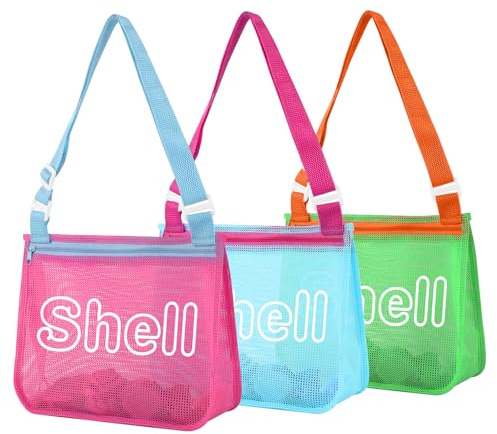 3Pcs Kids Letter Beach Shell Bag, Seashell Mesh Zipper Beach Pouch, Shell Collecting Bag for Holding Shells with Adjustable Straps, Sand Toys Pool Swimming Accessories Gift for Girl Boy Teens(shell)