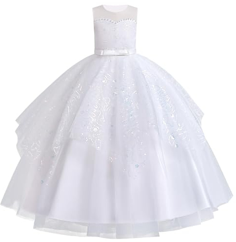 IWEMEK Enfant Fille Robe Ceremonie Mariage Longue Carnaval Tutu sans Manches Robes Bapteme de Communion d'anniversaire du Soir Communion Anniversaire Fête Robe de Mariée