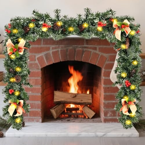 Fireplace Garland with Lights, Christmas Garlands with 50 LED Lights and Bow Pine Cones Berries, Christmas Fireplace Decorations for Stairs Wall Door Xmas Tree Garden Yard Outdoor Indoor Decor