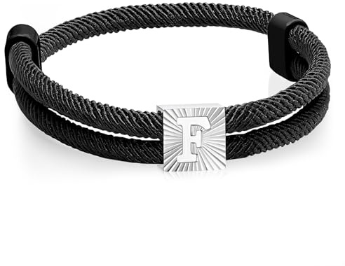 Bracelet en corde de voile pour homme avec lettres - Bracelet de surf en nylon noir avec initiale A-Z - Bracelet de surfeur réglable - Cadeau pour homme et garçon, 13 cm bis 27 cm, Nylon Acier