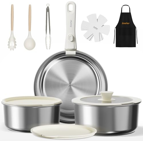 EVOFAR 14 Piece Stainless Steel Pots and Pans Set, Induction Hob Pan Set with 24cm Frying Pan, 18cm & 22cm Saucepans, Cookware Set with Detachable Handle, Lids and Apron, for All Hob Types (Silver)