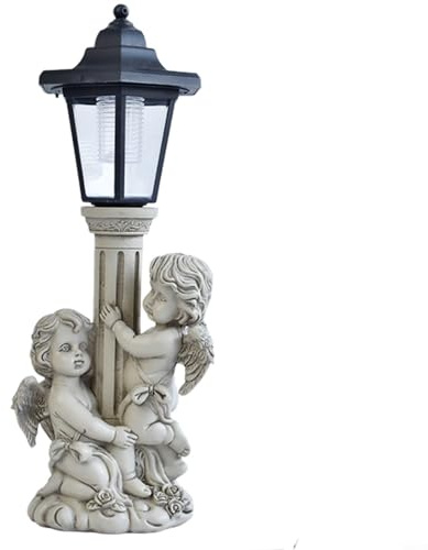 Solträdgårdsprydnader – antik romersk kolonn ängelstaty med soldrivet LED-ljus, harts uteplats skulptur för utomhusdekor, blomsterängel design